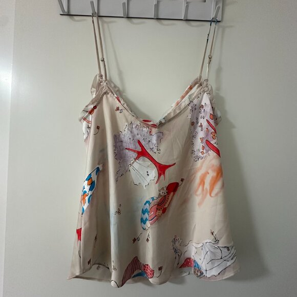 Aritzia Wilfred Ruffle Camisole Satin Lady Print Champagne/Cornflower - Picture 4 of 4